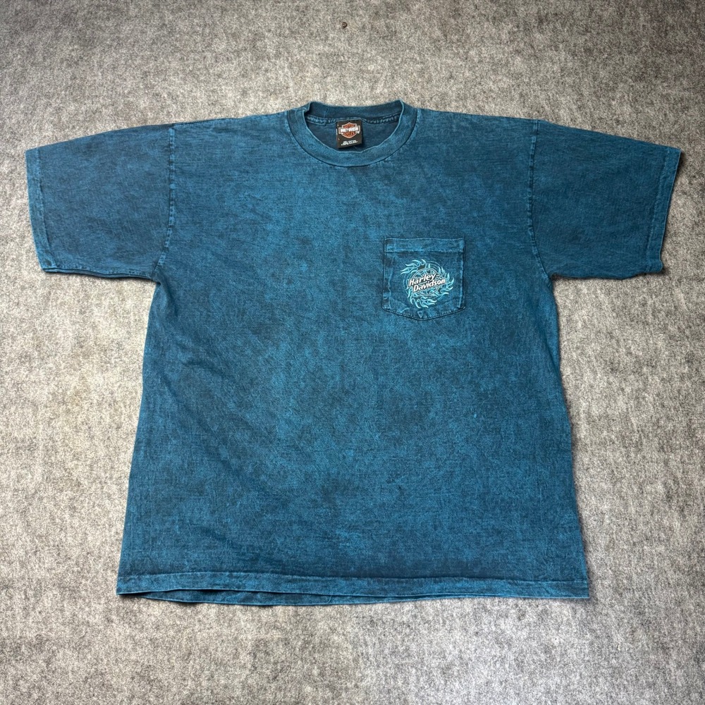 Harley Davidson Fargo ND Pocket T Shirt Mens L Blue Faded USA Made